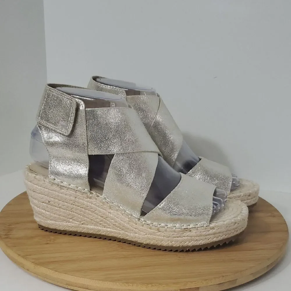 Eileen Fisher Willow Metallic Gold Platform Wedge Espadrille Sandals Women's 7